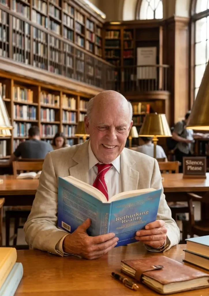 Laurence O. McKinney reading Rethinking Reality in a library